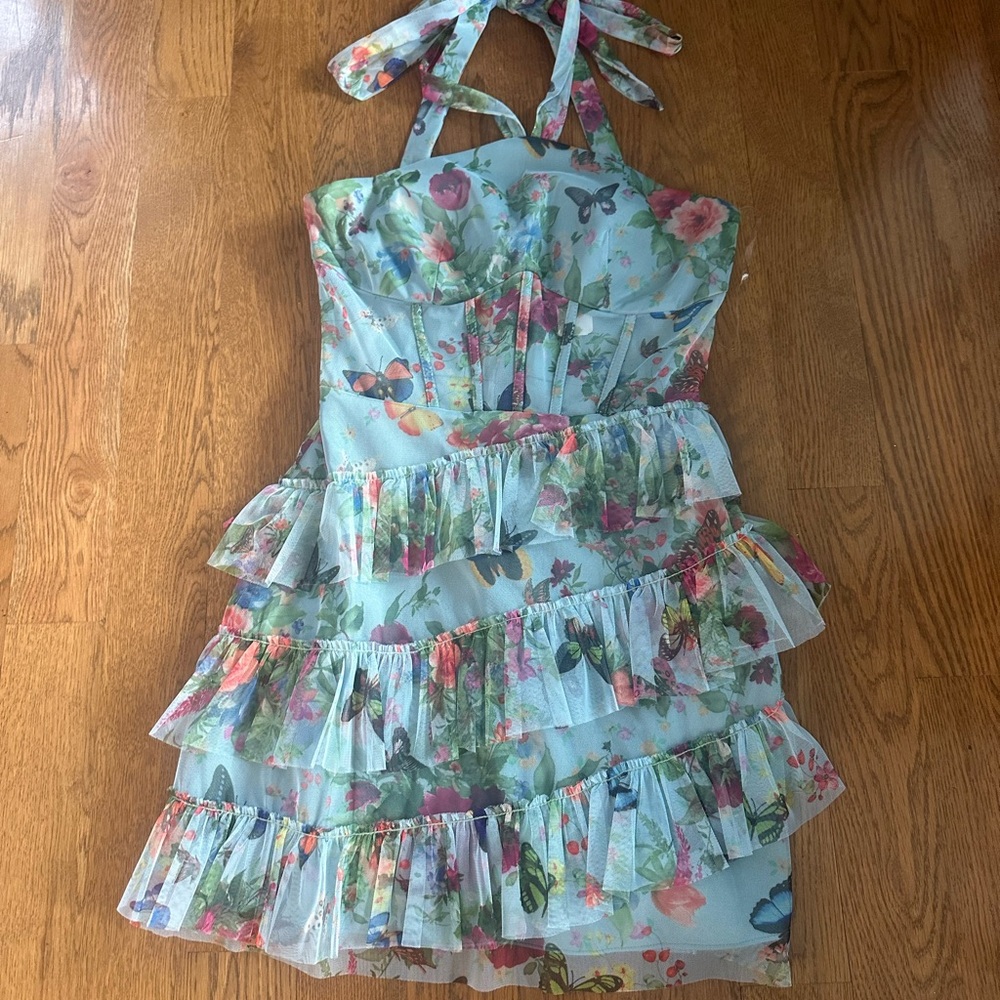 Tiered Floral Print Mini halter Dress